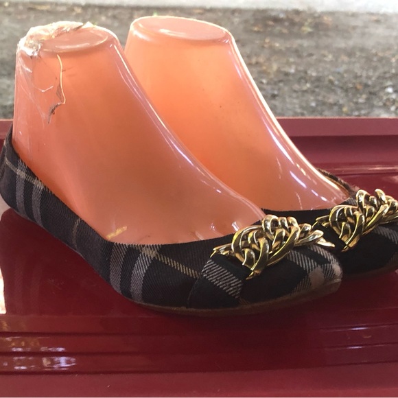 Sam Eldelman Womes Brown Gray Black Plaid w/Gold Chain Ballet Sandals Size 6M - Picture 3 of 11